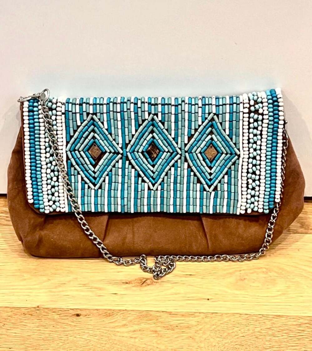 Chico's Brown Faux Suede Boho Turquoise Beaded Shoulder Bag with Chain Strap - Picture 1 of 9